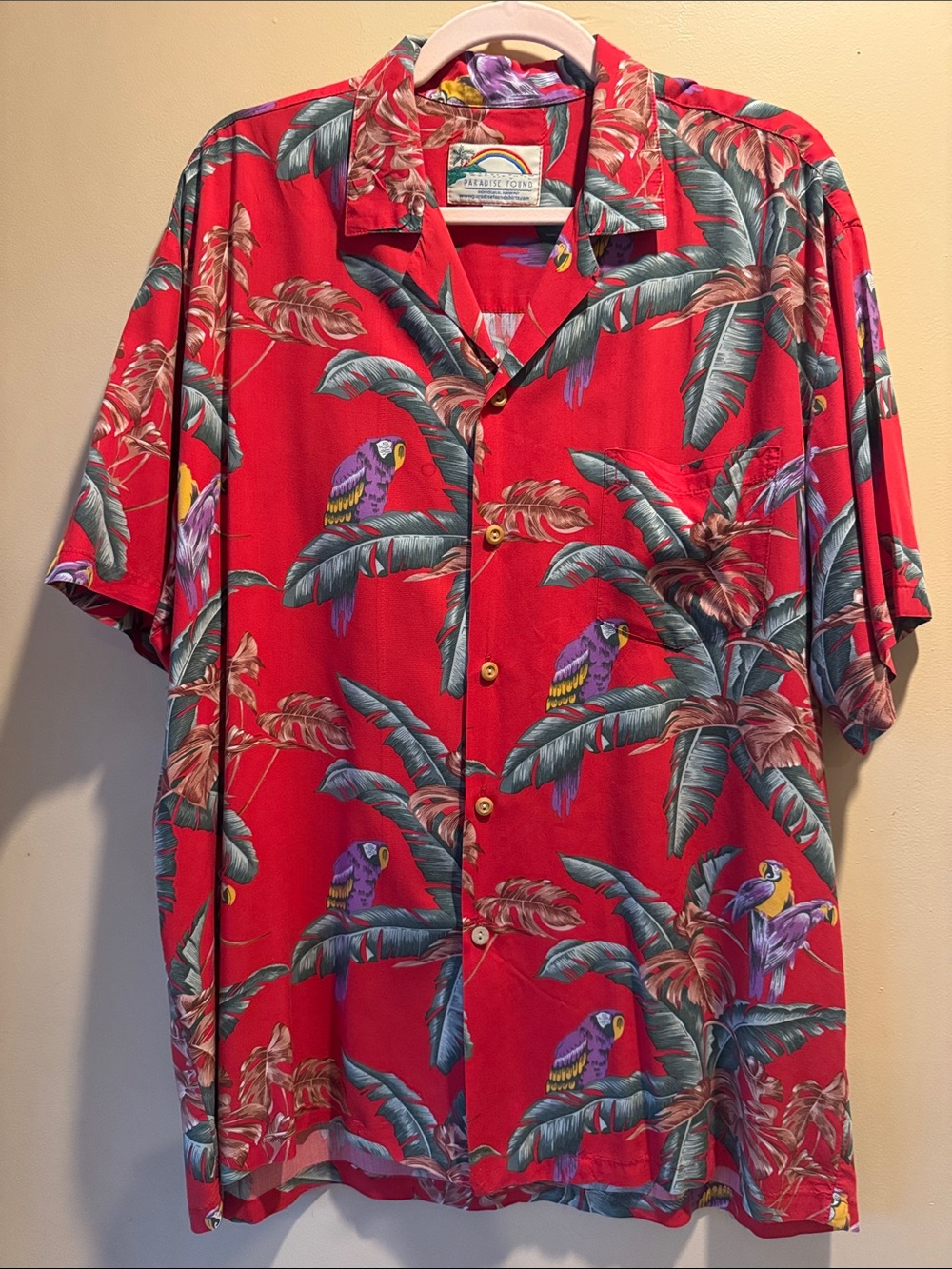 Vintage Paradise Found Jungle Bird Hawaiian Shirt Magnum PI Red Rayon